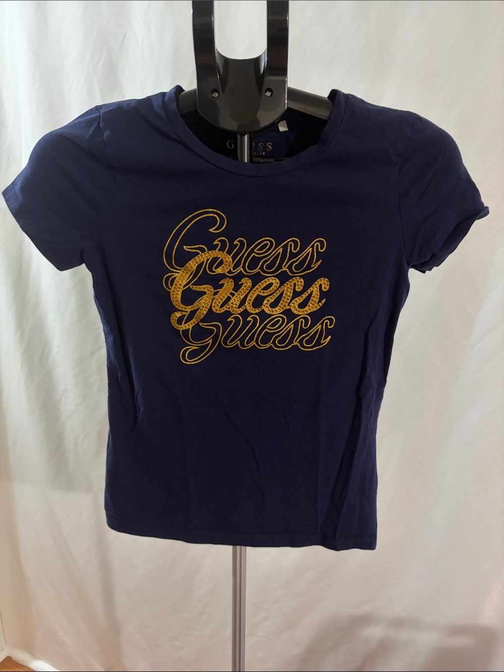 GUESS Navy Tee with Gold Script Logo Stack